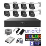 UNIARCH KIT 2MP COLOR NIGHT VISION 8 Bullet/Dome cameras, HDD1 TB, 305M Cables, Baluns and Waterproof power adaptors
